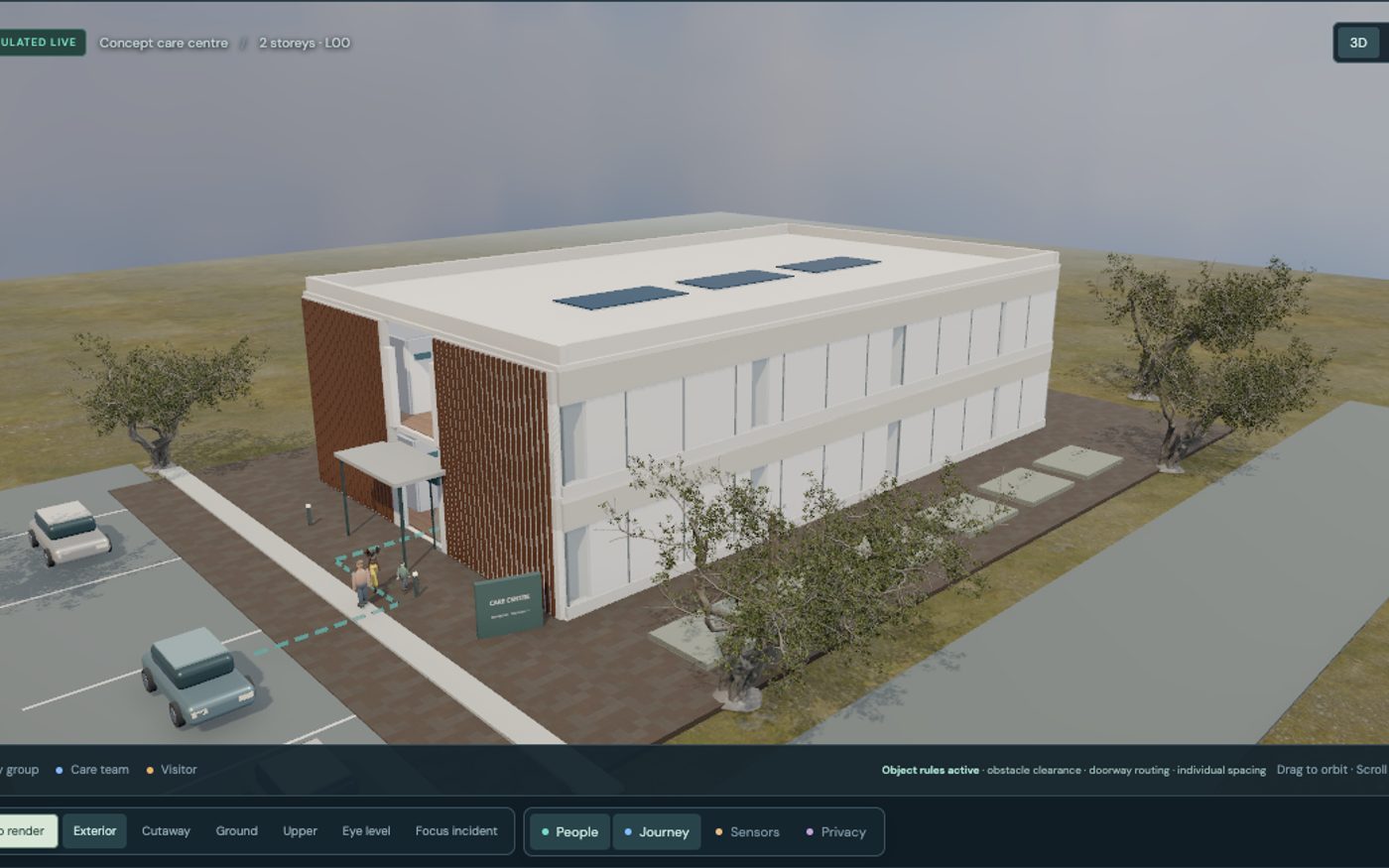 Two-storey Care Facility Twin with people and operational events